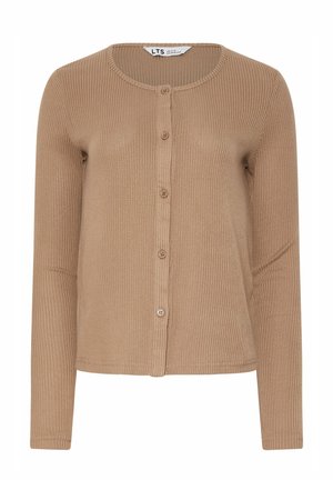 Lysebrun ribstrikket cardigan med lange ærmer, rund halsudskæring og fem knapper foran.