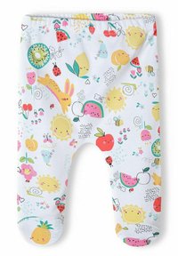 White baby leggings featuring a colorful, playful pattern of fruits, animals, and flowers in various hues. Made from soft, stretchy fabric.