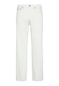 Εκρού ίσια τζιν με κλείσιμο με κουμπιά, μπροστινές τσέπες, θηλιές για ζώνη και ορατές λεπτομέρειες ραφής.