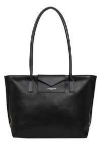 Black leather tote bag with smooth texture, two long handles, and a front flap featuring the Lancaster Paris logo in silver.