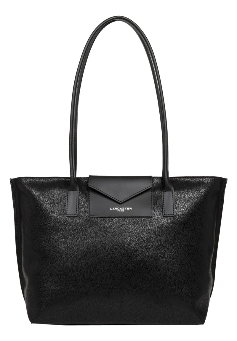 Black leather tote bag with smooth texture, two long handles, and a front flap featuring the Lancaster Paris logo in silver.
