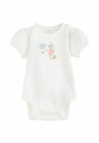 Hvid baby bodysuit med korte ærmer og pastelfarvede prikker. Har et broderet fe-design med blå blomst, pink kjole og blødt stof.