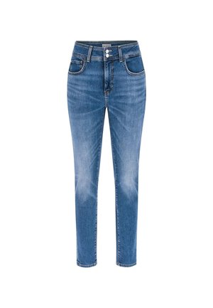 Vaaleansiniset farkut korkealla vyötäröllä, joissa on viisi taskua ja slim fit -leikkaus. Ominaisuuksina on hienovarainen kuluminen ja kontrastiväriset tikkaukset.