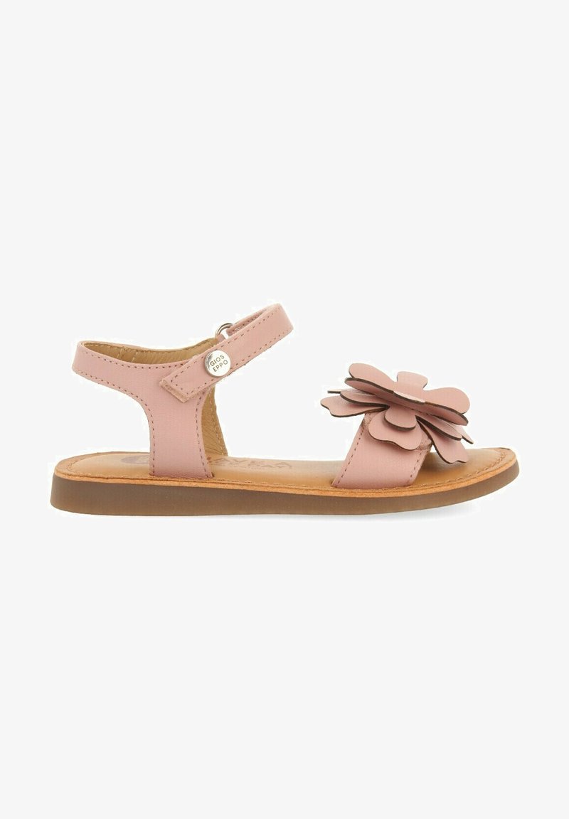 Rosa Leder-Sandalen mit einem Blumenakzent, verstellbarem Knödelriemen, flacher Sohle und braunem strukturiertem Innenfußbett. Geeignet für lässige Outfits.