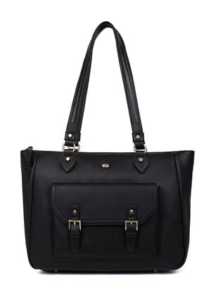 Borsa tote in pelle nera con manici lunghi, tasca frontale chiusa da due fibbie e piccolo emblema dorato del marchio sopra la tasca.