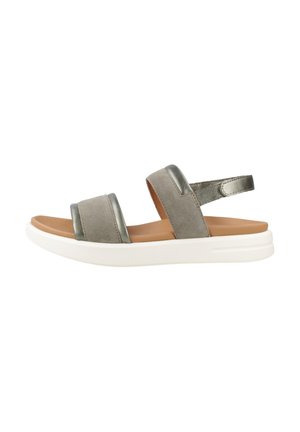Gray suede and metallic strap sandal with white thick sole and tan footbed, featuring two front straps and an adjustable back strap.