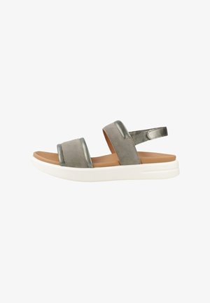 Gray suede and metallic strap sandal with white thick sole and tan footbed, featuring two front straps and an adjustable back strap.