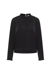 Blusa nera in satin con un collo alto, maniche lunghe e polsini arricciati. Chiusura frontale con zip, design leggermente corto con una texture liscia.