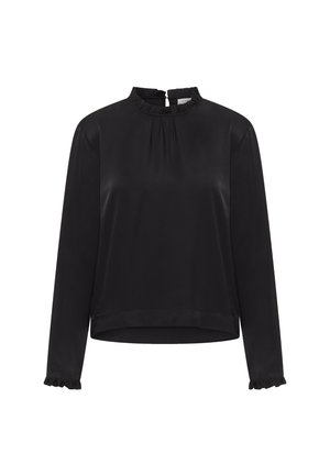 Schwarze Satinhbluse mit hohem Kragen, langen Ärmeln und gerüschten Manschetten. Vorderer Reißverschluss, leicht verkürztes Design mit glatter Textur.