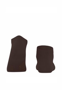 Brązowe skarpetki do kostek, faktura prążkowana, bezszwowy krój palców, elastyczny mankiet, z subtelnym logo na boku w jasnym brązie.