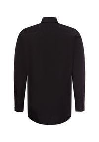 Schwarzes Langarmhemd mit kragenähnlichem Ausschnitt, geknöpften Manschetten, glatter Stoffoberfläche und geradem Saum. Einfaches und klassisches Design.