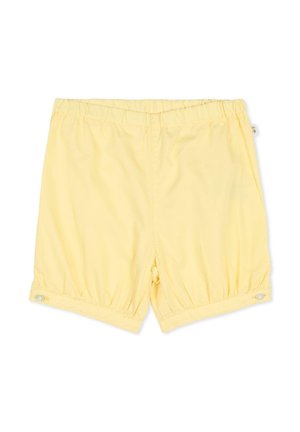 Shorts jaunes à taille élastique avec ourlet froncé, dotés de boutons aux poignets de jambe et d'une texture de tissu lisse et léger.