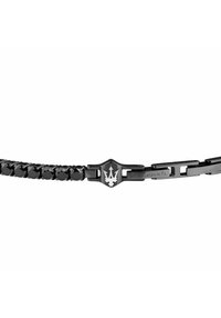 Bracciale nero con perle tonde e un design a maglia elegante. Include una chiusura con logo Maserati in argento per una chiusura sicura.