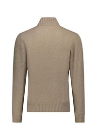 Maglione beige con colletto alto, polsini e orlo a coste. Texture morbida e design semplice, caratterizzato da un colore uniforme senza fantasie.