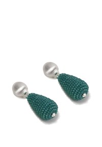 Teardrop earrings featuring a dark teal beaded design, with a brushed silver top and silver accents at the base.