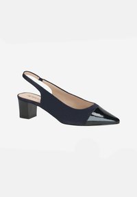 Navy slingback shoe with a pointed toe and a black patent leather cap. Features a low block heel and soft fabric upper.