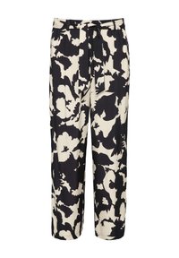 Zwart-witte bloemenpatronen broek, met een taillevaste strik, lichtgewicht stof, rechte snit en enkel-lange zoom.