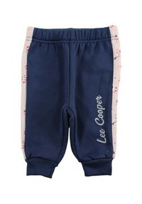 Pantalon de survêtement en coton bleu marine avec un motif floral rose sur les côtés, taille élastique et chevilles resserrées. "Lee Cooper" imprimé à l'avant.