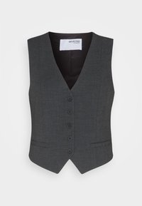 Graue Weste mit V-Ausschnitt, fünf Knöpfen und zwei Vordertaschen. Hergestellt aus strukturiertem Stoff, gefüttert mit einem kontrastierenden Innenfutter.