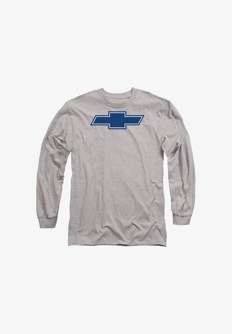 Gray long-sleeve t-shirt made of cotton. Features a blue Chevrolet logo centered on the chest. Ribbed crew neck and cuffed sleeves.