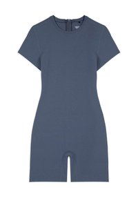 Mono corto de manga corta, ajustado en azul pizarra. Fabricado con una tela suave, con cremallera en la parte trasera y cortes en las aberturas de las piernas. Diseño minimalista.