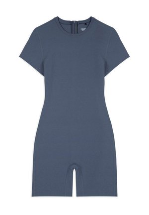 Short-sleeve, fitted romper in slate blue. Made from smooth fabric with a back zipper and cut-out leg openings. Minimalistic design.