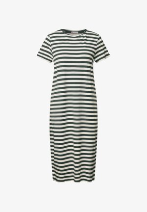 Robe rayée en vert foncé et blanc, à manches courtes, col rond, mi-longue, fabriquée en tissu doux avec une coupe droite et un minimum de détails.