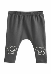 Grijze katoenen legging met een elastische tailleband, voorzien van twee witte olifantenontwerpen op de onderbenen. Soepele textuur, casual pasvorm.