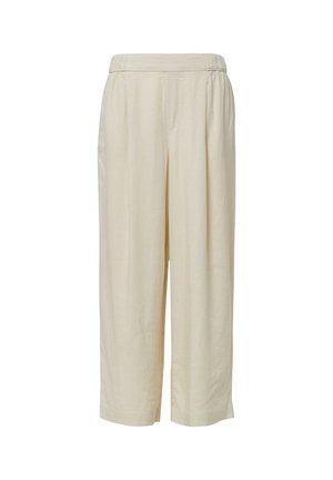Beige Palazzo-Hosen mit elastischem Bund, aus leichtem Stoff gefertigt. Lockerer Schnitt, mit weitem Bein und einfachem Saum.