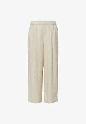 Pantalons palazzo beige avec taille élastique, en tissu léger. Design loose-fit, avec des jambes larges et un ourlet simple.