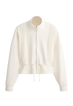 Witte jas met ritssluiting, hoge kraag, lange mouwen, verticale plooien aan de voorkant en verstelbaar trekkoord in de taille.