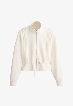 Weisse Reißverschlussjacke mit hohem Kragen, langen Ärmeln, vertikalen Falten vorne und verstellbarem Kordelzug in der Taille.