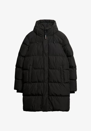 Schwarze Daunenjacke mit Kapuze, ausgestattet mit einem Reißverschluss vorne, horizontal gestepptem Muster, zwei Seitentaschen und verstellbaren Kordeln.