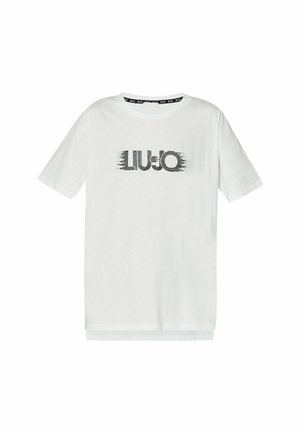 Maglietta in cotone bianca con logo grafico nero "LIU-JO" sul petto, maniche corte e colletto rotondo.
