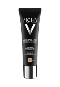 Vichy Dermablend foundation tube in matte black with silver accents, features "35 SAND" label and a detailed product description.