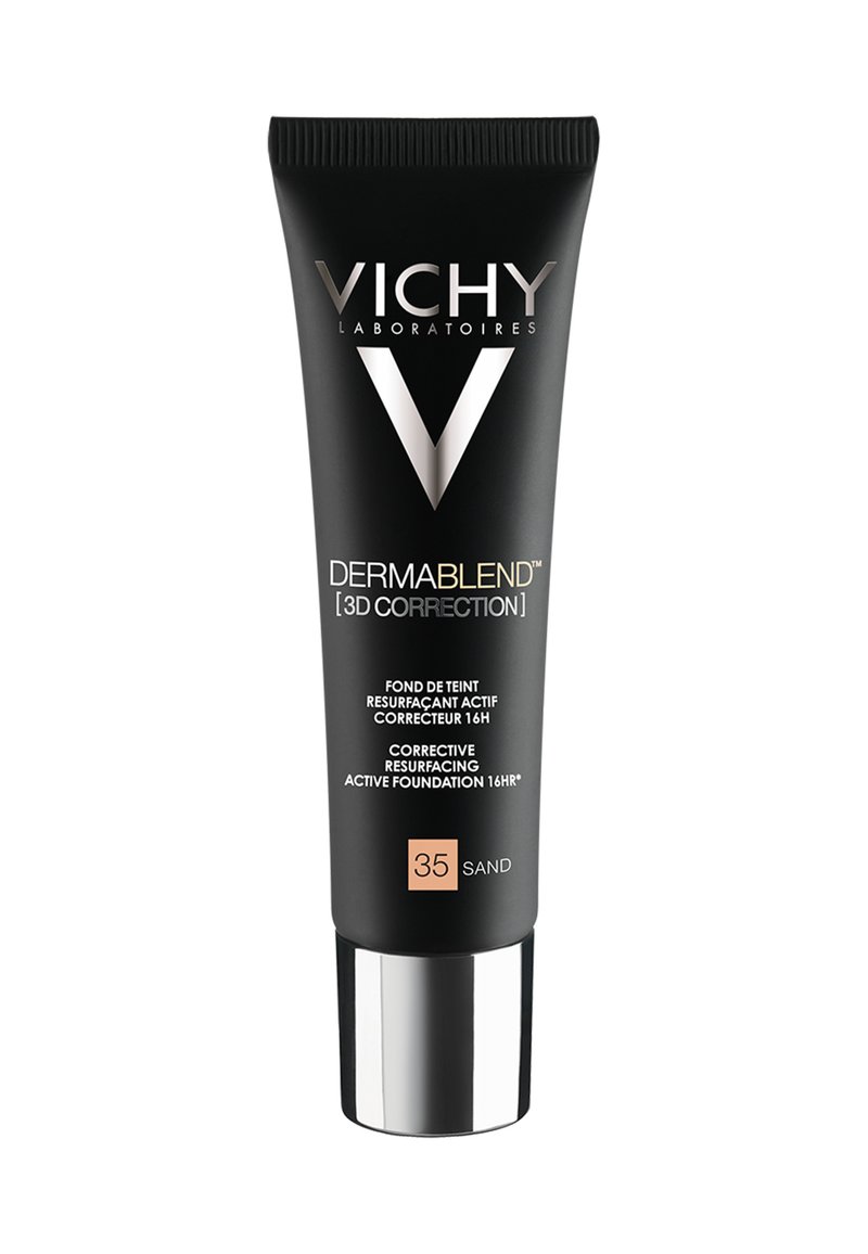 Vichy Dermablend foundation tube in matte black with silver accents, features "35 SAND" label and a detailed product description.