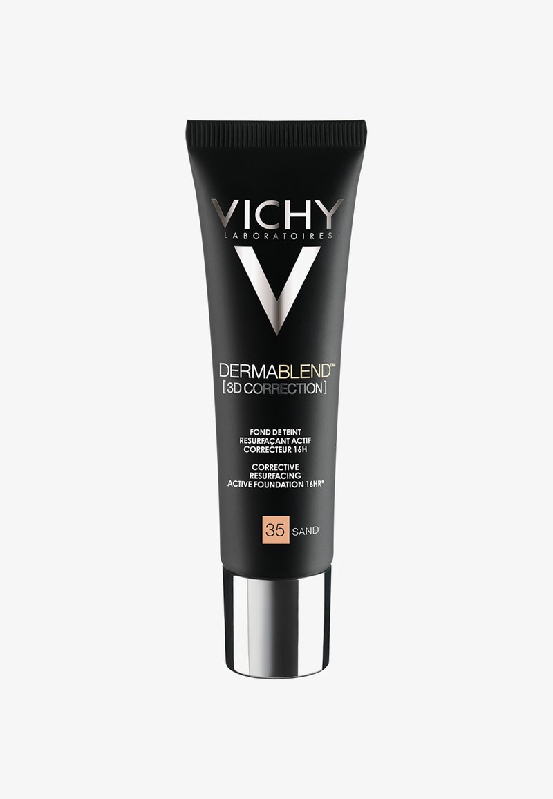 Vichy Dermablend foundation tube in matte black with silver accents, features "35 SAND" label and a detailed product description.