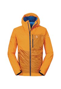 Helles orange isoliertes Jackett mit Reißverschluss vorne, verstellbarer Kapuze, blauer Fütterung und einer mit Reißverschluss versehenen Brusttasche. Das Material wirkt leicht und strukturiert.