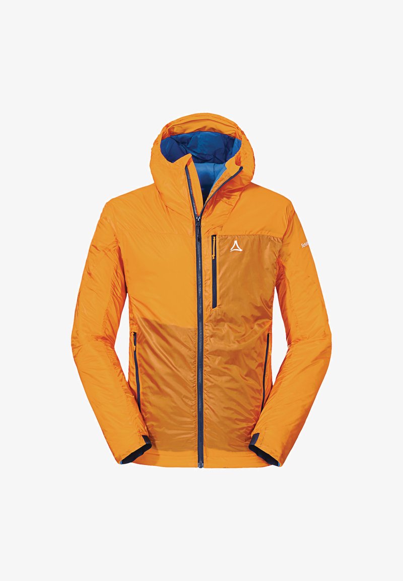 Bright orange insulated jacket with a zip front, adjustable hood, blue lining, and a zippered chest pocket. Material appears lightweight and textured.