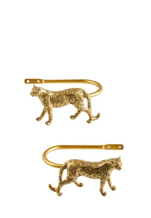 Zwei goldfarbene Metallvorhanghaken in Leopardenform mit detaillierten Flecken und gebogenen Enden zum Aufhängen.