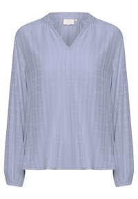 Blouse gris clair à col en V, manches longues et design texturé à rayures. Matière douce avec une coupe fluide et poignets froncés.