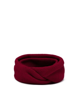 Gehaakt hoofdband in een diepe bordeauxkleur, met een gedraaid ontwerp en zacht, textuur materiaal. Cirkelvormig, naadloze constructie.