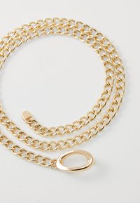Collier en chaîne en or avec des maillons ronds interconnectés, doté d'un fermoir ovale plat. Texture lisse et finition brillante.