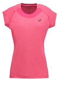 Pink athletic t-shirt with short sleeves, smooth texture, and a round neckline. Features a logo on the left chest area.