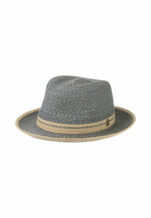 Blue and beige woven fedora hat with a beige band and a small metal emblem on the side.