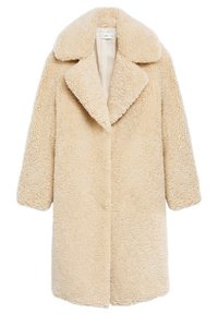 Vaalean beige, pörröinen takki, joka on valmistettu teksturoidusta kankaasta. Takissa on lovellinen kaulus, leveät hihat ja etupainikkeet.