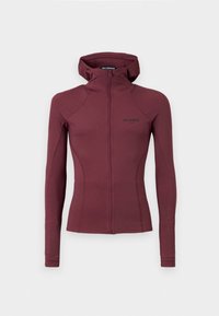 Burgundská zipová bunda s kapucí, přiléhavý střih, dlouhé rukávy a minimalistické černé logo na hrudi. Měkká textilie.