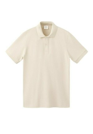 Tricou polo bej cu mâneci scurte, guler și placket cu două nasturi, așezat plat pe un fundal alb.