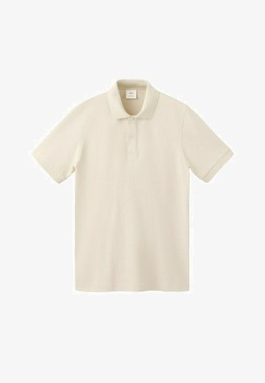 Tricou polo bej cu mâneci scurte, guler și placket cu două nasturi, așezat plat pe un fundal alb.