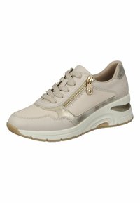 Shoe: beige leather sneaker with gold zipper accent, textured sides, and light grey suede details. Cushioned sole with white and light brown accents.